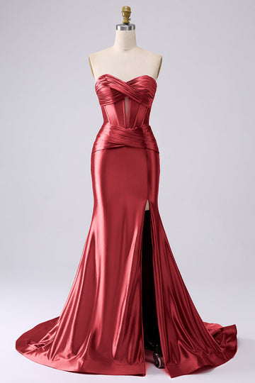 Sparkly Red Mermaid Sweetheart Corset Long Ball Dress with Slit